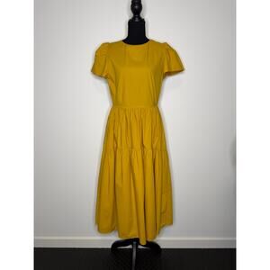 Cotton Mustard Midi Dress Italian Made Puff Sleeve | Cottagecore Spring Summer